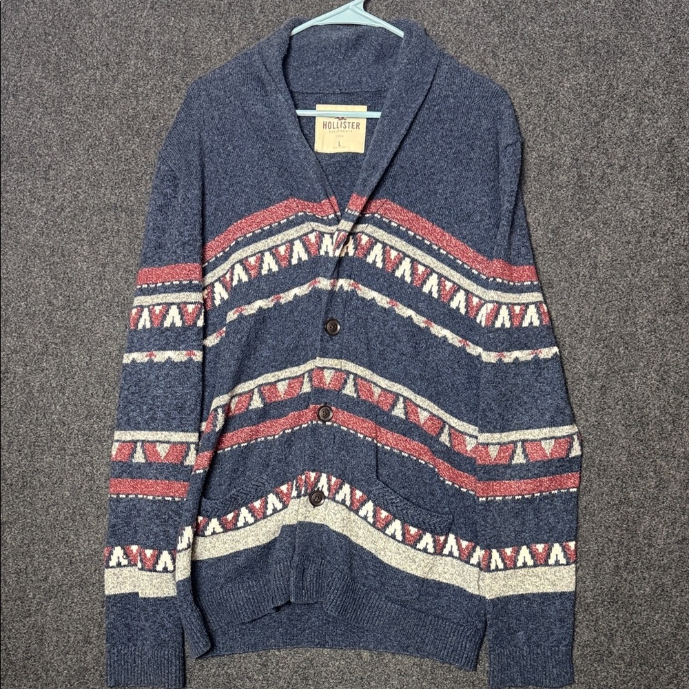 Hollister Men's Navy and Burgundy Cardigan Large